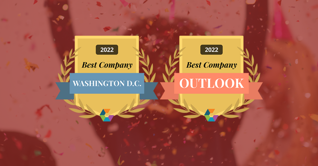 Women celebrates with Comparably's Best Company Washington DC and Best Company Outlook 2022 awards logos